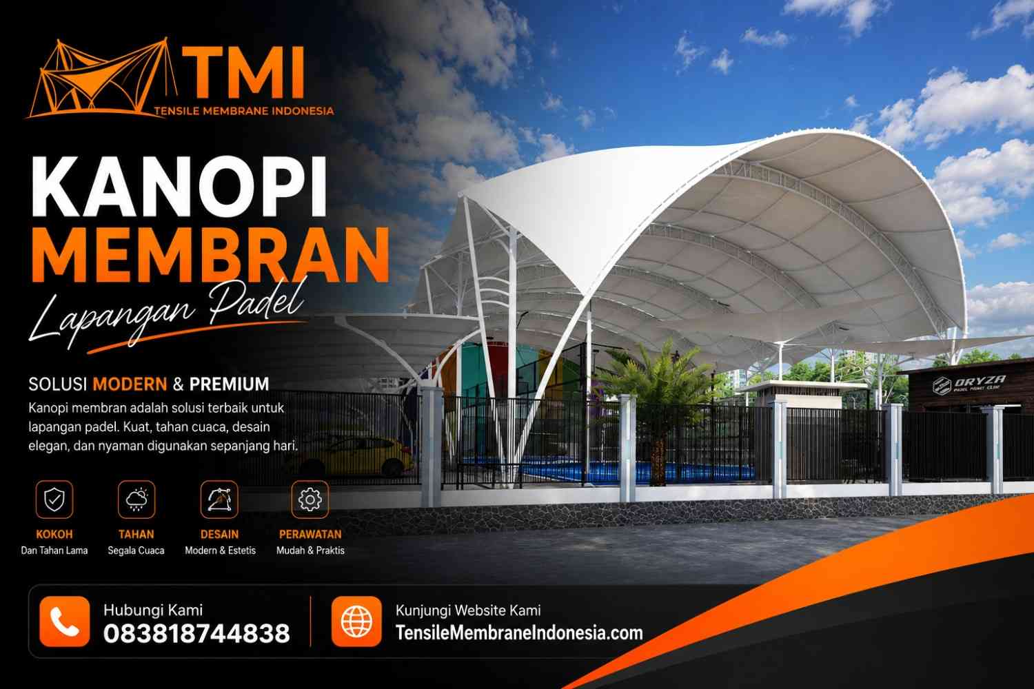 Kanopi membran lapangan padel karya Tensile Membrane Indonesia