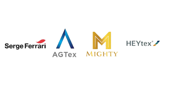 Logo brand kain membran Mighty, Agtex, Haytex, dan Sergé Ferrari yang digunakan Tensile Membrane Indonesia